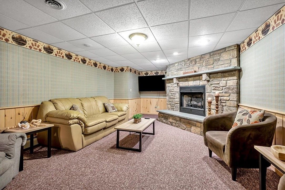 Fireplace, Interior, Living room, Recessed Lighting, Stone Walls