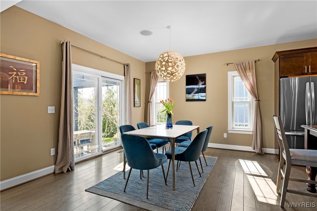 Dining room, Interior, Pendant Lights, Wood Texture Flooring