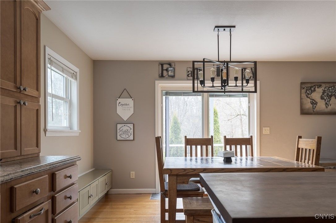 Dining room, Interior, Pendant Lights, Wood Texture Flooring