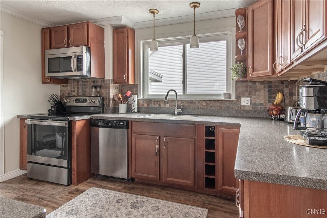 Interior, Kitchen, Pendant Lights, Stainless Steel Appliances, Wood Texture Flooring