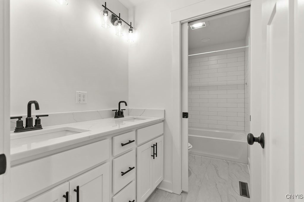 Bathroom, Dual Sink Vanities, Interior, Marble, Recessed Lighting