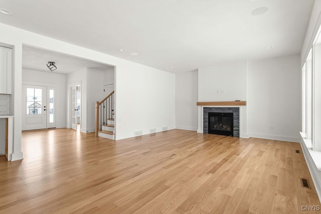 Empty room, Fireplace, Interior, Recessed Lighting, Wood Texture Flooring