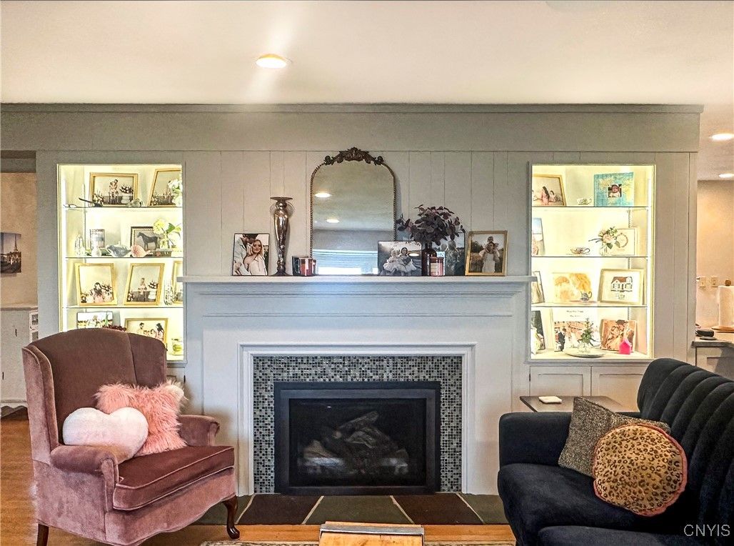 Fireplace, Interior, Living room, Recessed Lighting, Wood Texture Flooring