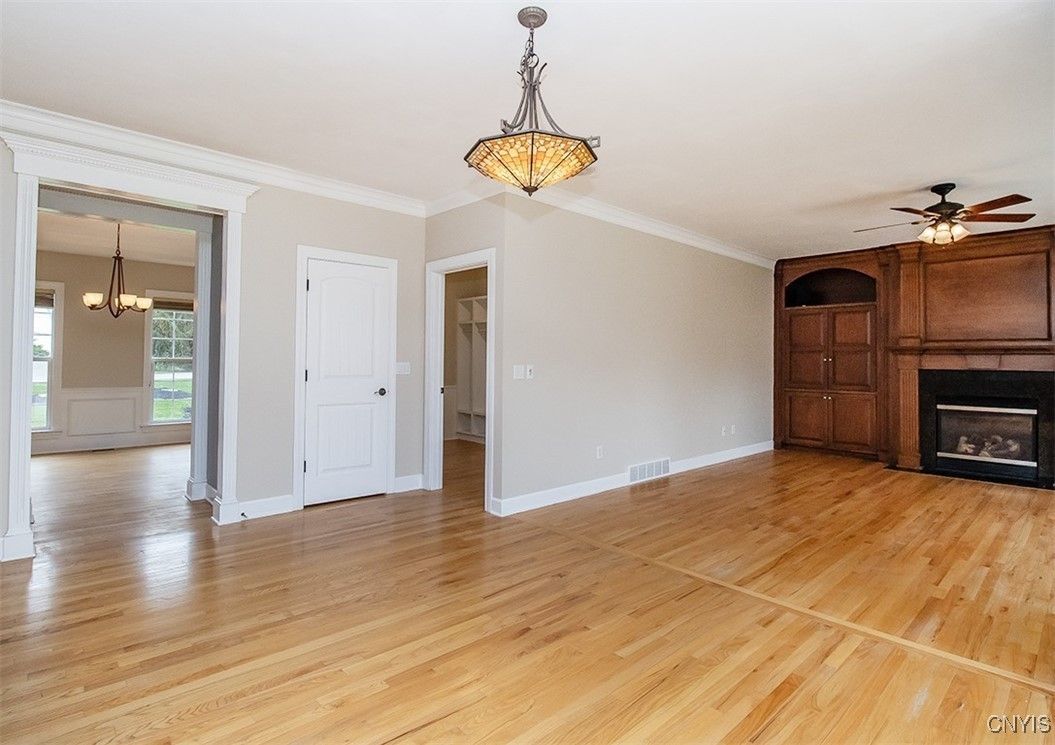 Empty room, Fireplace, Interior, Pendant Lights, Wood Texture Flooring