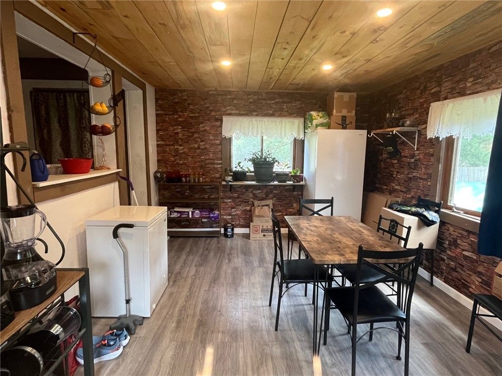 Dining room, Interior, Recessed Lighting, Stone Walls, Wooden Ceilings, Wood Texture Flooring