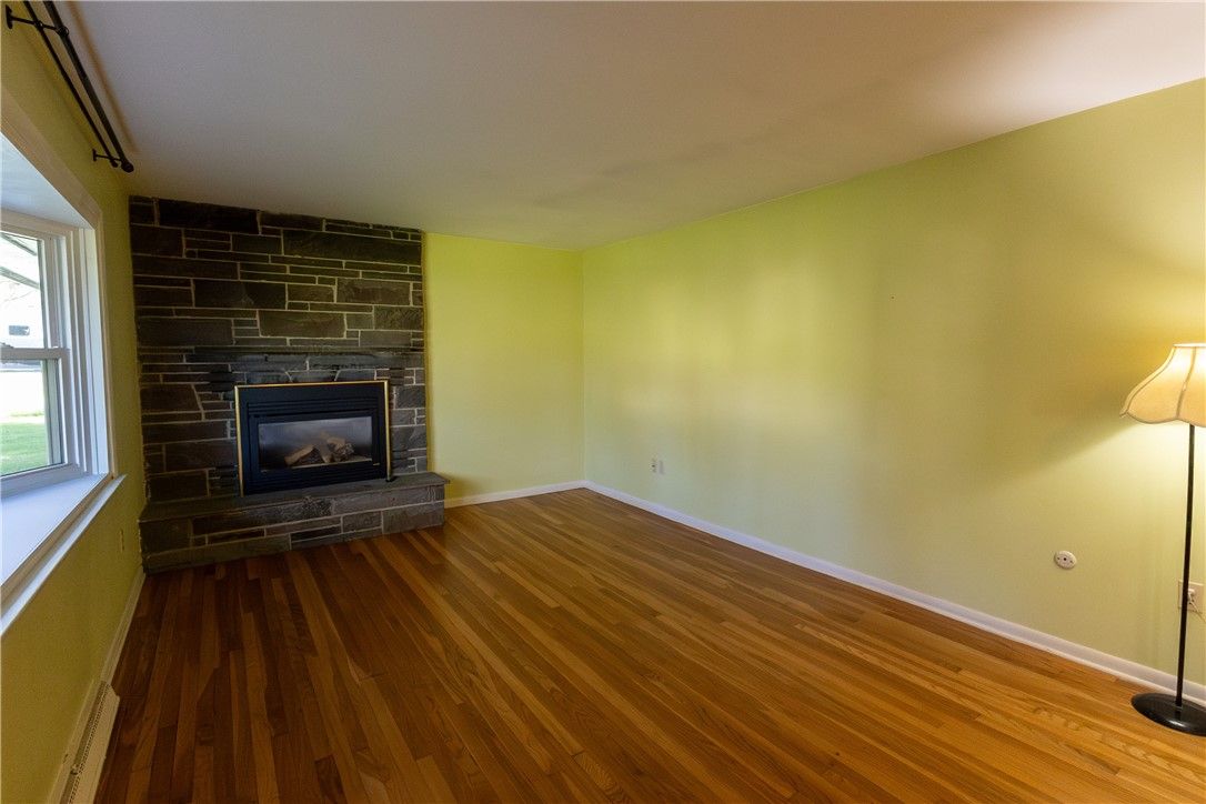 Empty room, Fireplace, Interior, Stone Walls, Wood Texture Flooring