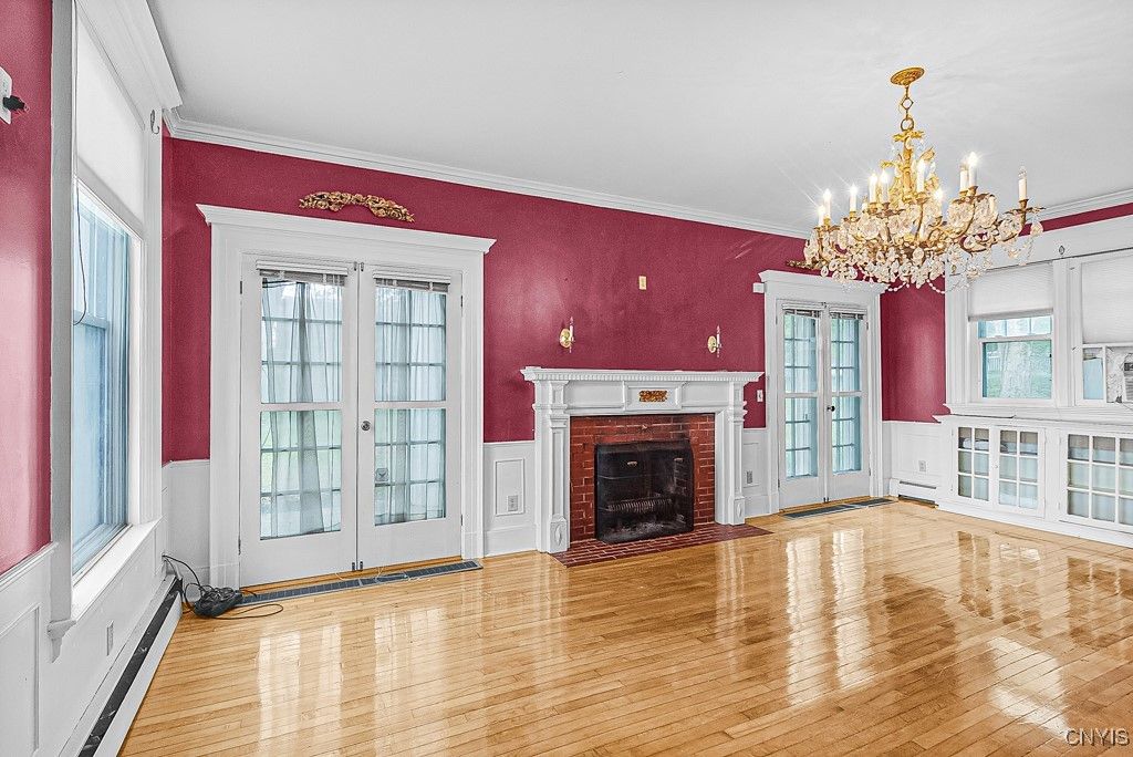 Chandelier, Empty room, Fireplace, Interior, Wood Texture Flooring