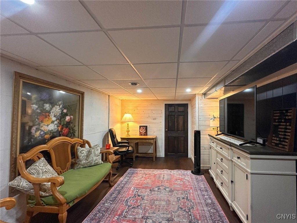 Home Office, Interior, Recessed Lighting, Wood Texture Flooring, Wooden Walls