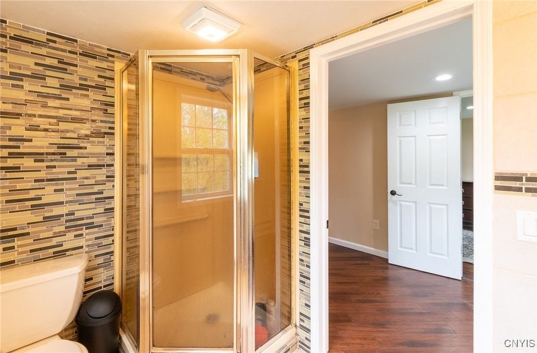Bathroom, Glass Shower, Interior, Recessed Lighting, Wood Texture Flooring