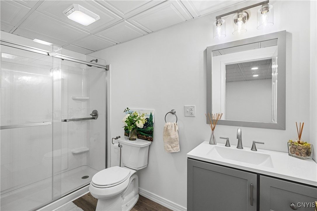 Bathroom, Glass Shower, Interior, Recessed Lighting, Wood Texture Flooring