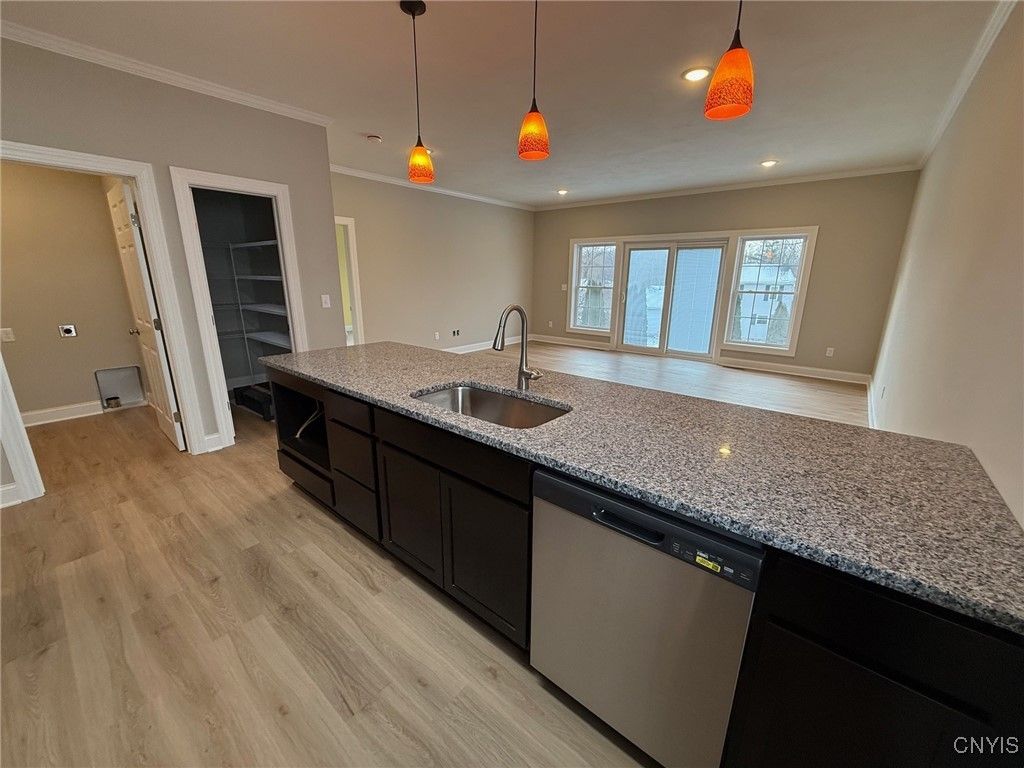 Interior, Kitchen, Pendant Lights, Recessed Lighting, Wood Texture Flooring