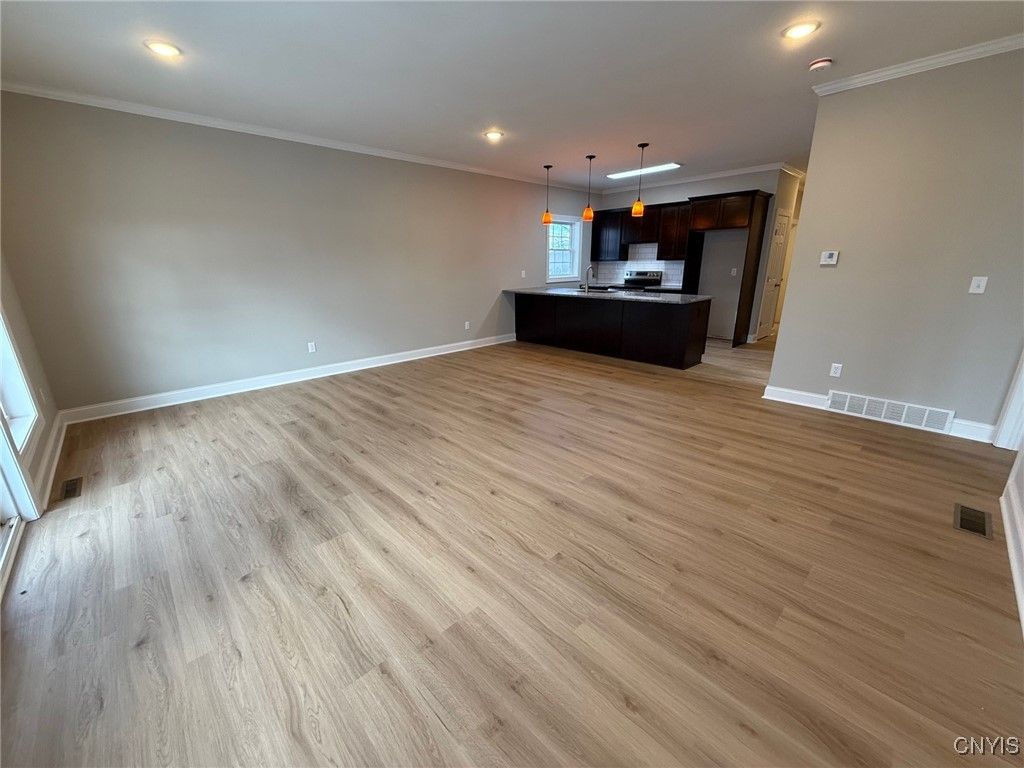 Empty room, Interior, Kitchen, Pendant Lights, Recessed Lighting, Wood Texture Flooring