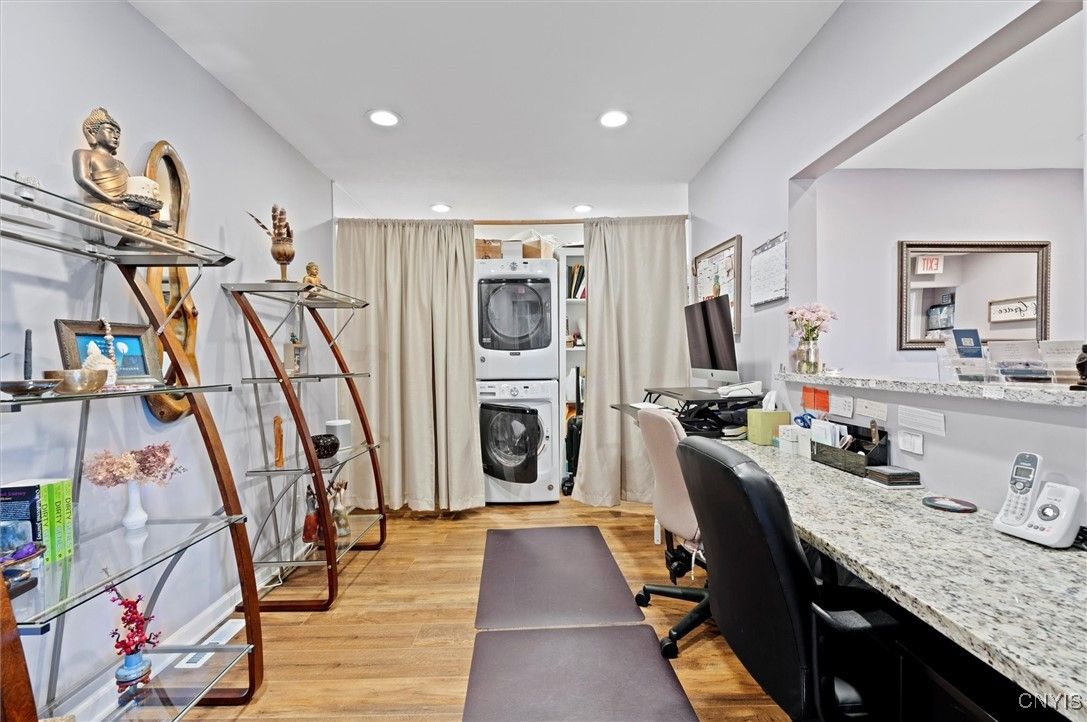 Home Office, Interior, Recessed Lighting, Utility Closets, Washer, Wood Texture Flooring