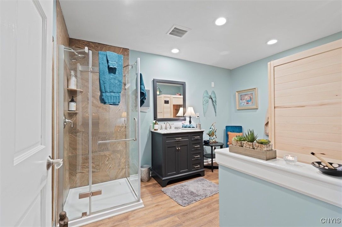 Bathroom, Glass Shower, Interior, Recessed Lighting, Wood Texture Flooring