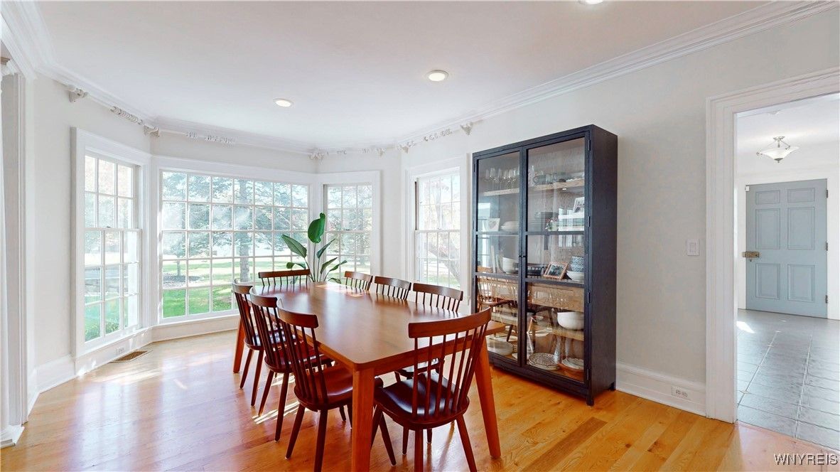 Dining room, Interior, Recessed Lighting, Wood Texture Flooring