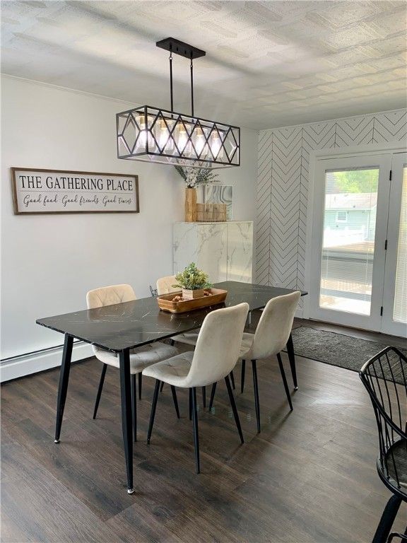 Dining room, Interior, Pendant Lights, Wood Texture Flooring