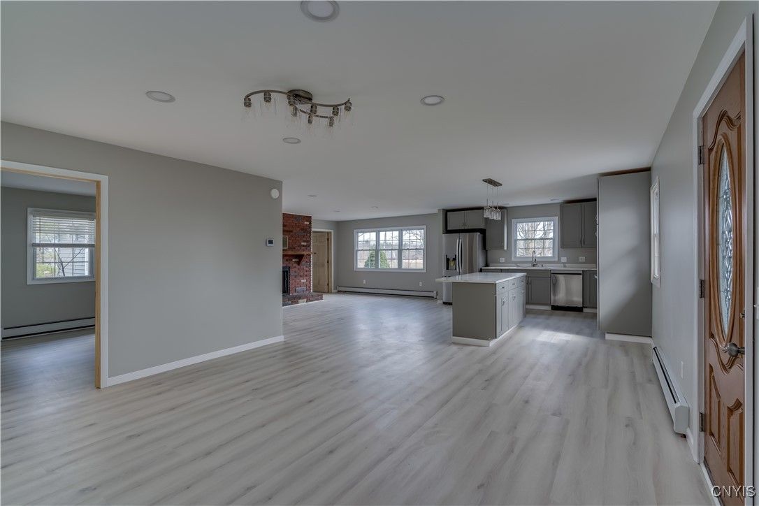 Empty room, Interior, Kitchen, Pendant Lights, Wood Texture Flooring