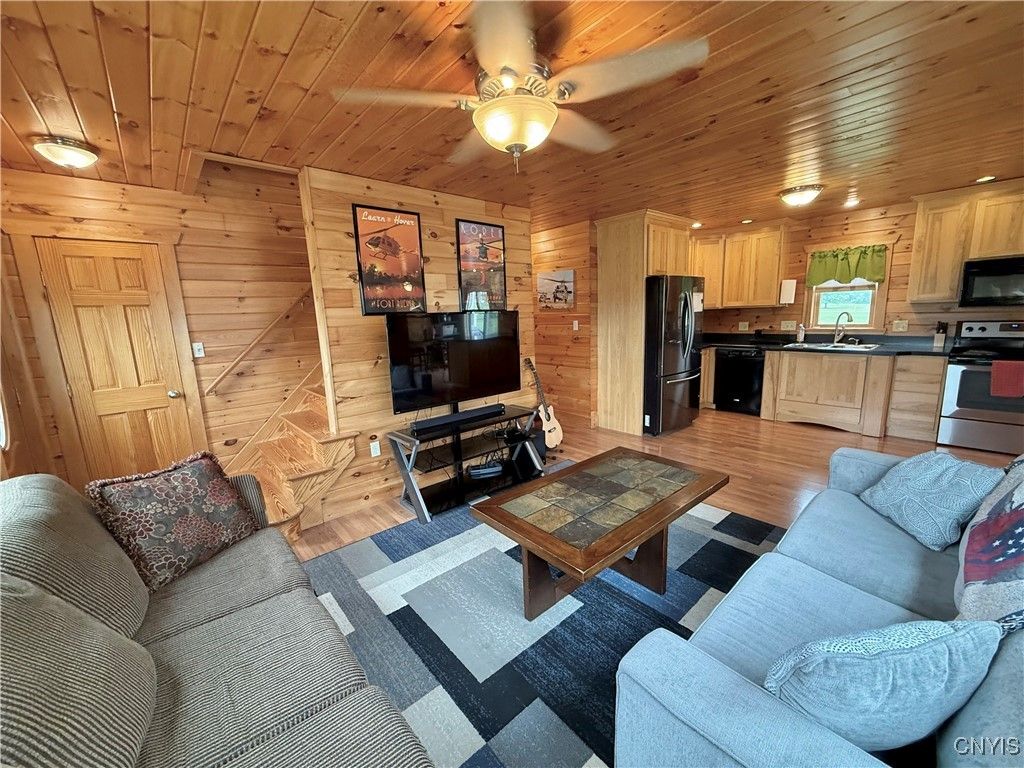 Interior, Kitchen, Living room, Recessed Lighting, Wooden Ceilings, Wood Texture Flooring, Wooden Walls