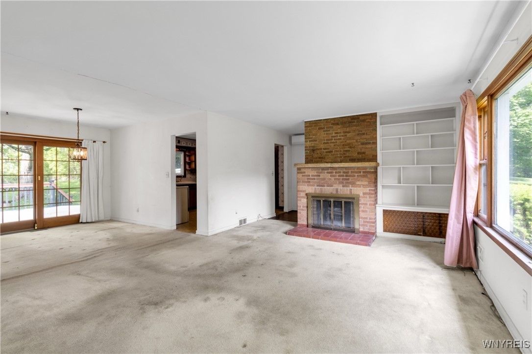 Empty room, Fireplace, Interior, Pendant Lights, Stone Walls