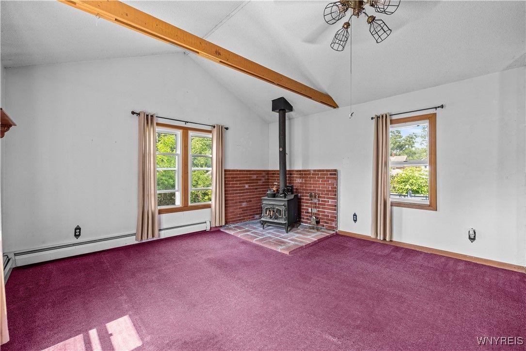 Empty room, Fireplace, Interior, Stone Walls, Wooden Beams