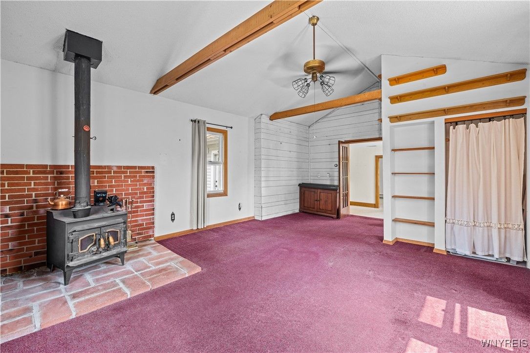 Empty room, Fireplace, Interior, Stone Walls, Wooden Beams