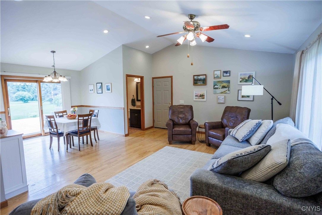 Dining room, Interior, Living room, Pendant Lights, Recessed Lighting, Wood Texture Flooring