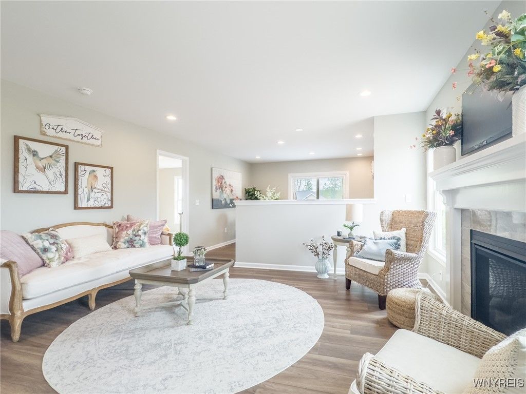 Fireplace, Interior, Living room, Recessed Lighting, Wood Texture Flooring