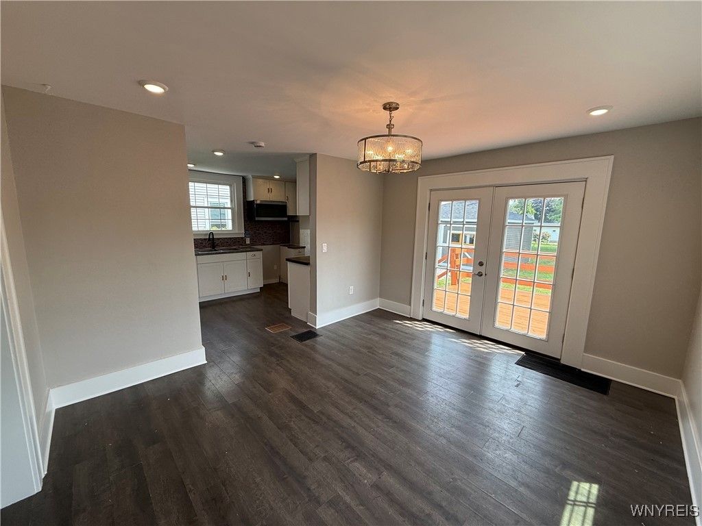 Chandelier, Empty room, Interior, Kitchen, Recessed Lighting, Wood Texture Flooring