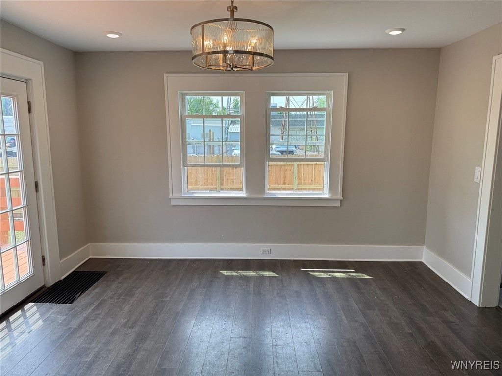 Chandelier, Empty room, Interior, Recessed Lighting, Wood Texture Flooring