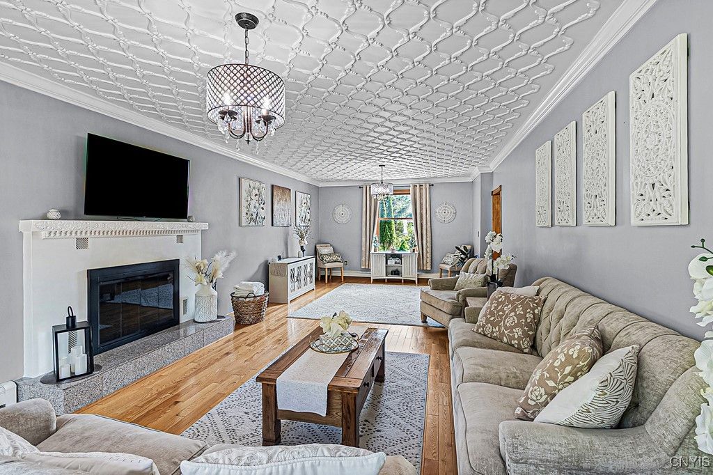Fireplace, Interior, Living room, Pendant Lights, Wood Texture Flooring