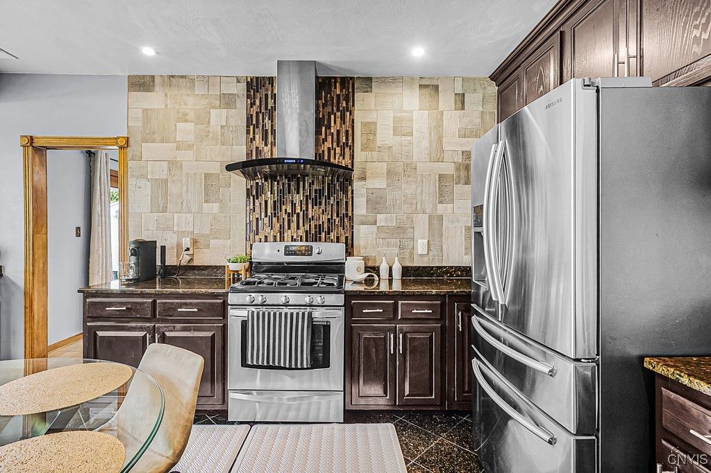 Interior, Kitchen, Recessed Lighting, Stainless Steel Appliances, Stone Walls