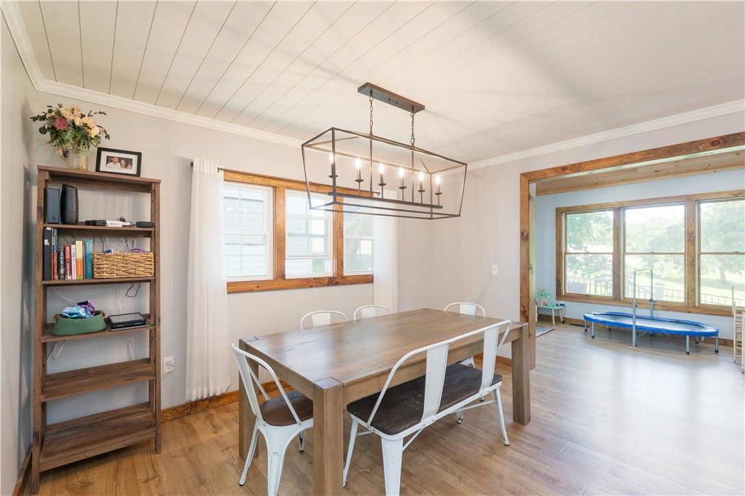 Dining room, Interior, Pendant Lights, Wood Texture Flooring