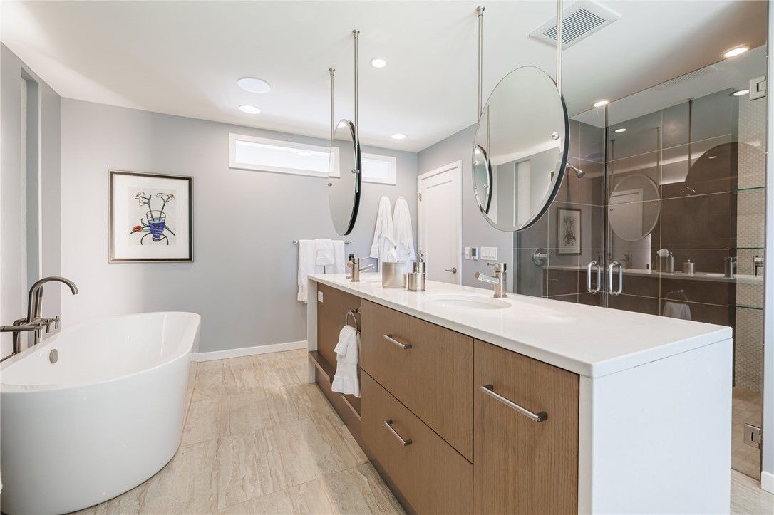 Bathroom, Dual Sink Vanities, Free Standing Baths, Glass Shower, Interior, Pendant Lights, Recessed Lighting