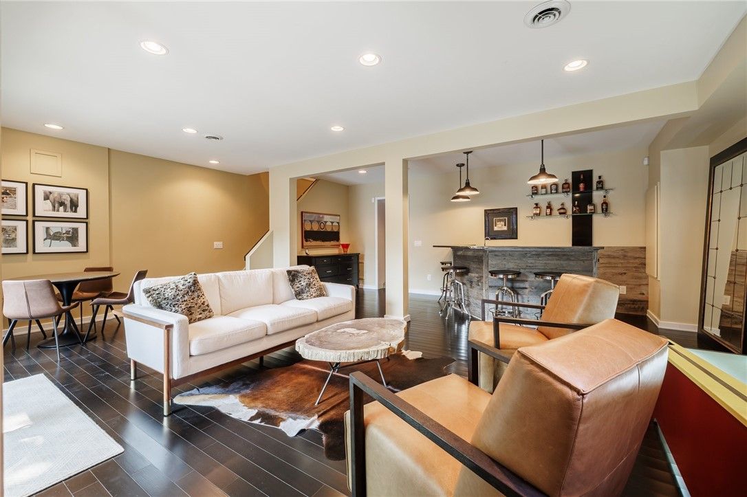 Dining room, Interior, Living room, Pendant Lights, Recessed Lighting, Wood Texture Flooring