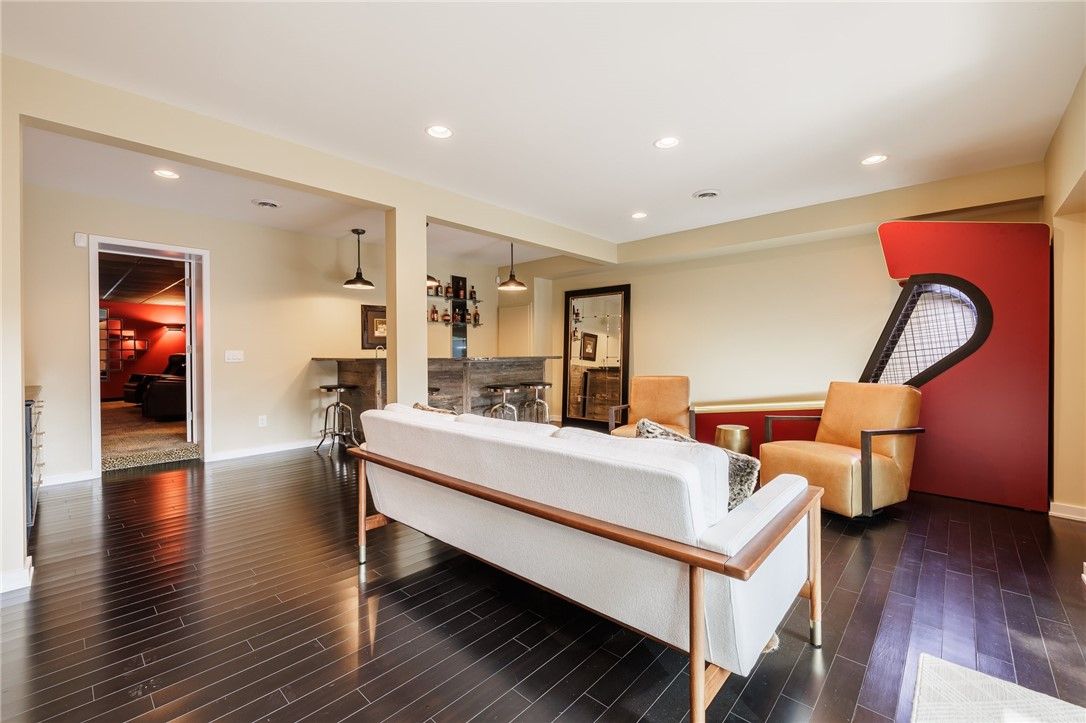 Bedroom, Fireplace, Interior, Pendant Lights, Recessed Lighting, Wood Texture Flooring