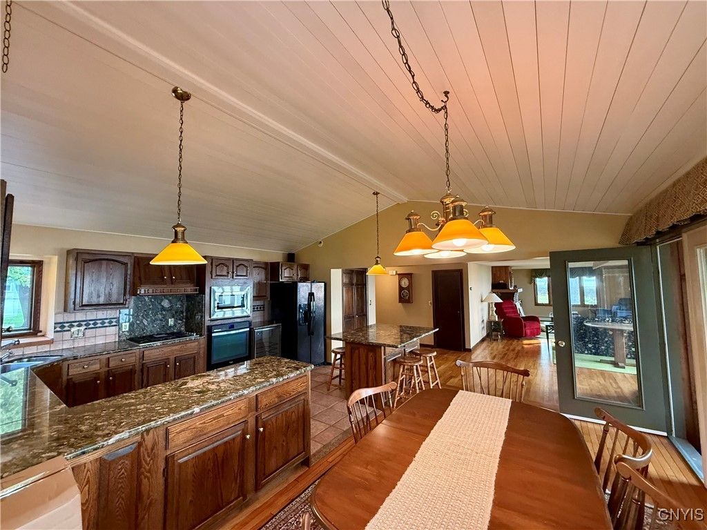Dining room, Interior, Kitchen, Pendant Lights, Wood Texture Flooring