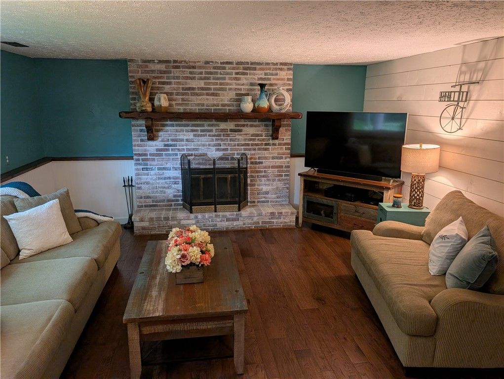 Fireplace, Interior, Living room, Stone Walls, Wood Texture Flooring