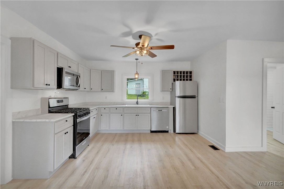 Interior, Kitchen, Pendant Lights, Stainless Steel Appliances, Wood Texture Flooring