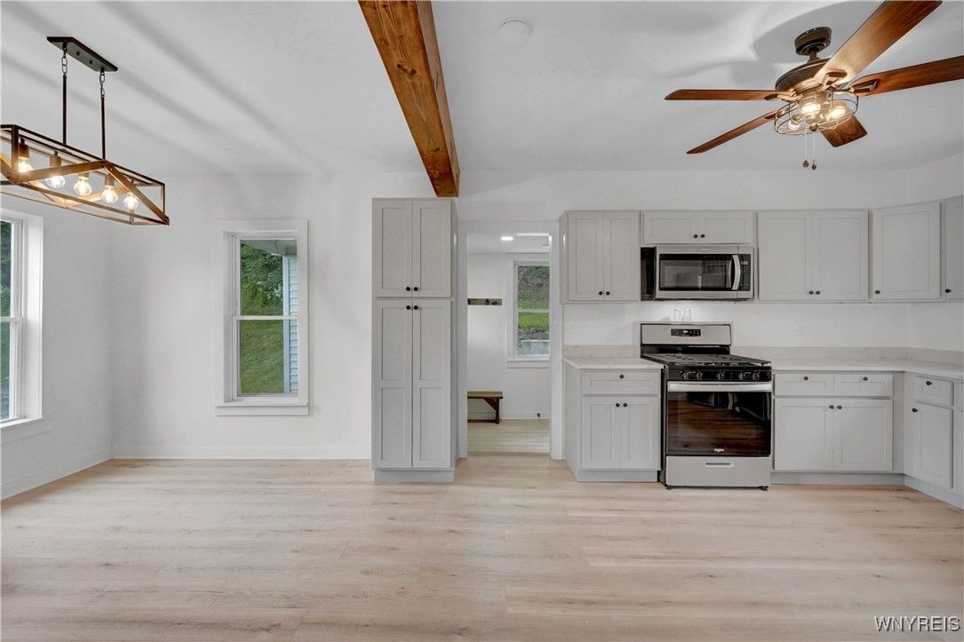 Interior, Kitchen, Pendant Lights, Stainless Steel Appliances, Wooden Beams, Wood Texture Flooring