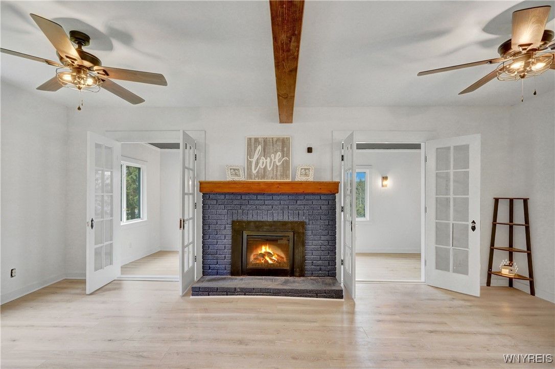 Empty room, Fireplace, Interior, Wooden Beams, Wood Texture Flooring