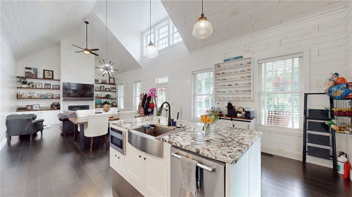Dining room, Fireplace, Interior, Kitchen, Pendant Lights, Wood Texture Flooring
