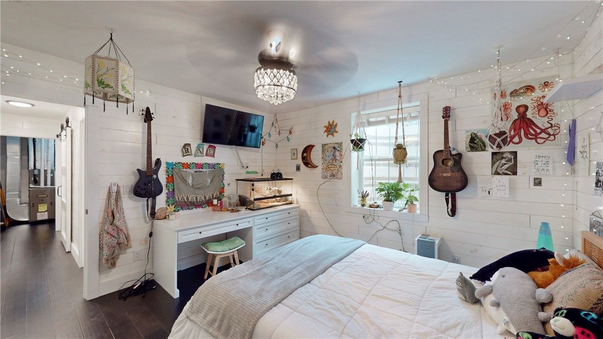 Bedroom, Chandelier, Interior, Recessed Lighting, Wood Texture Flooring