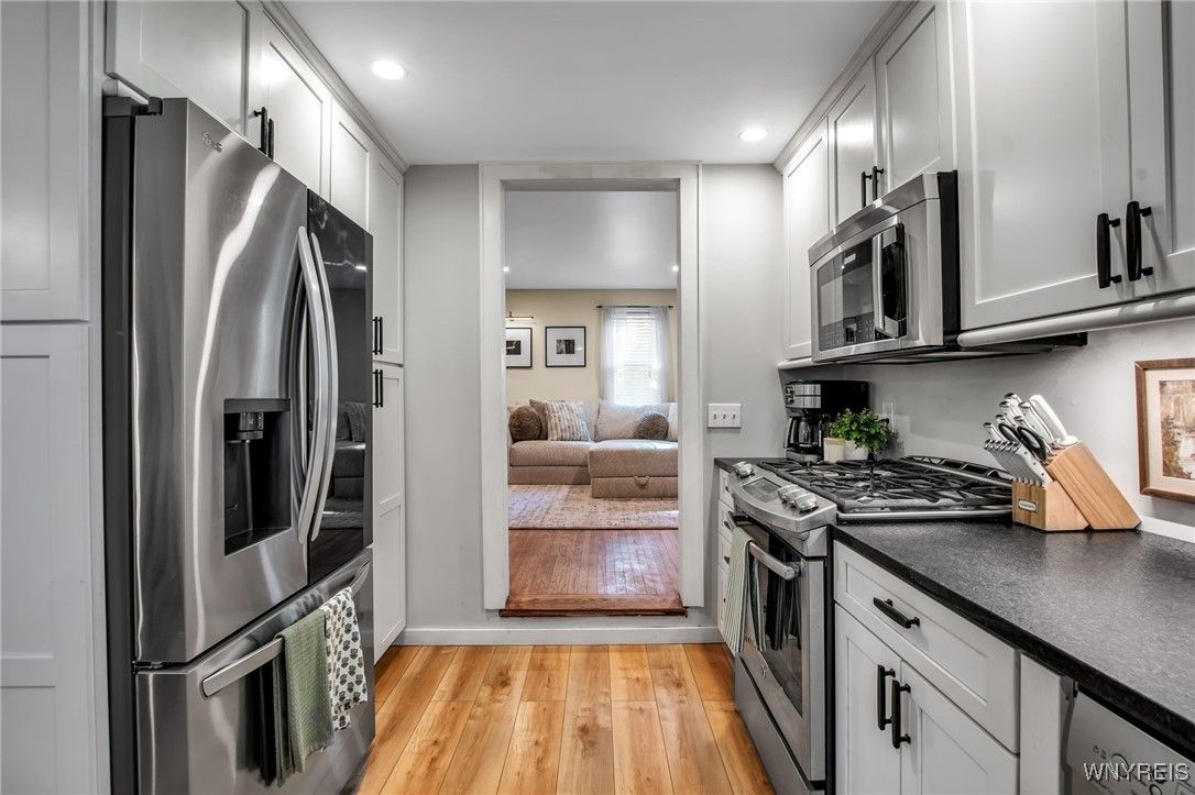 Interior, Kitchen, Living room, Recessed Lighting, Stainless Steel Appliances, Wood Texture Flooring
