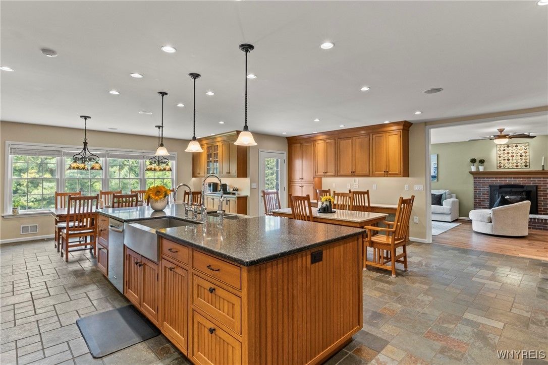 Dining room, Fireplace, Interior, Kitchen, Living room, Pendant Lights, Recessed Lighting