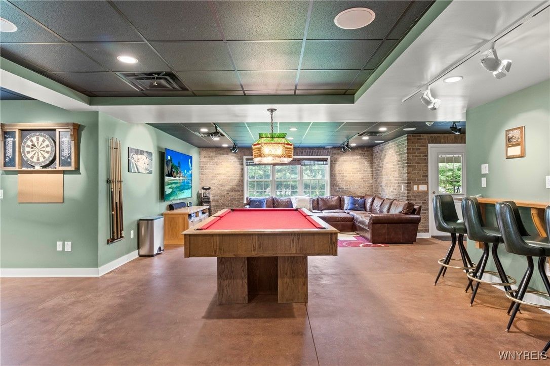 Billiard Table, Game Room, Interior, Pendant Lights, Recessed Lighting, Stone Walls