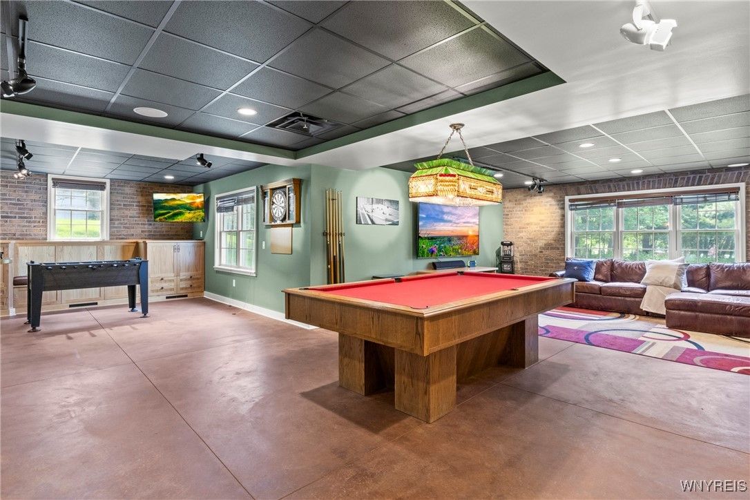 Billiard Table, Game Room, Interior, Recessed Lighting, Stone Walls
