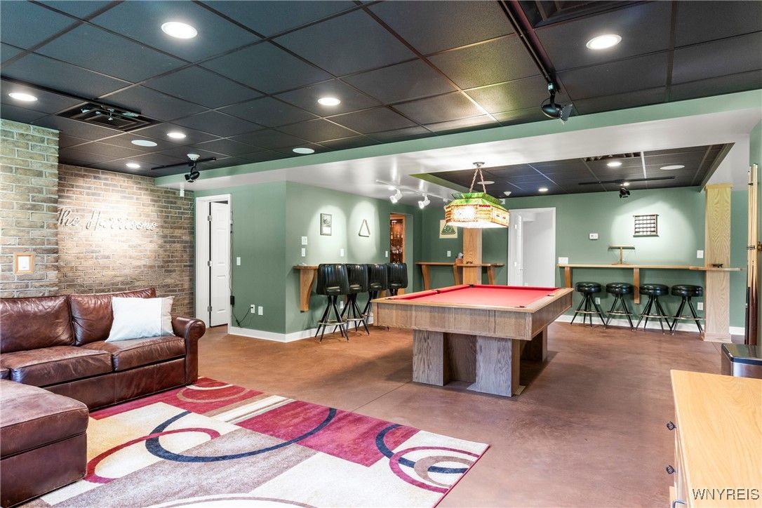 Billiard Table, Game Room, Interior, Pendant Lights, Recessed Lighting, Stone Walls