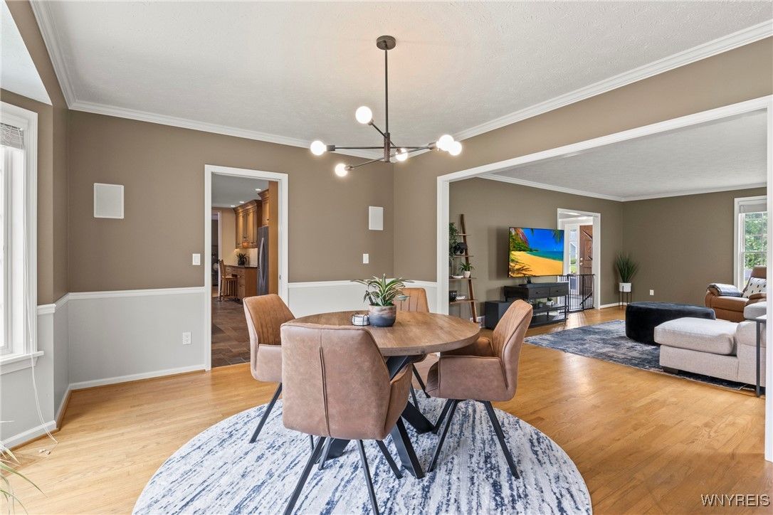 Dining room, Interior, Living room, Pendant Lights, Wood Texture Flooring