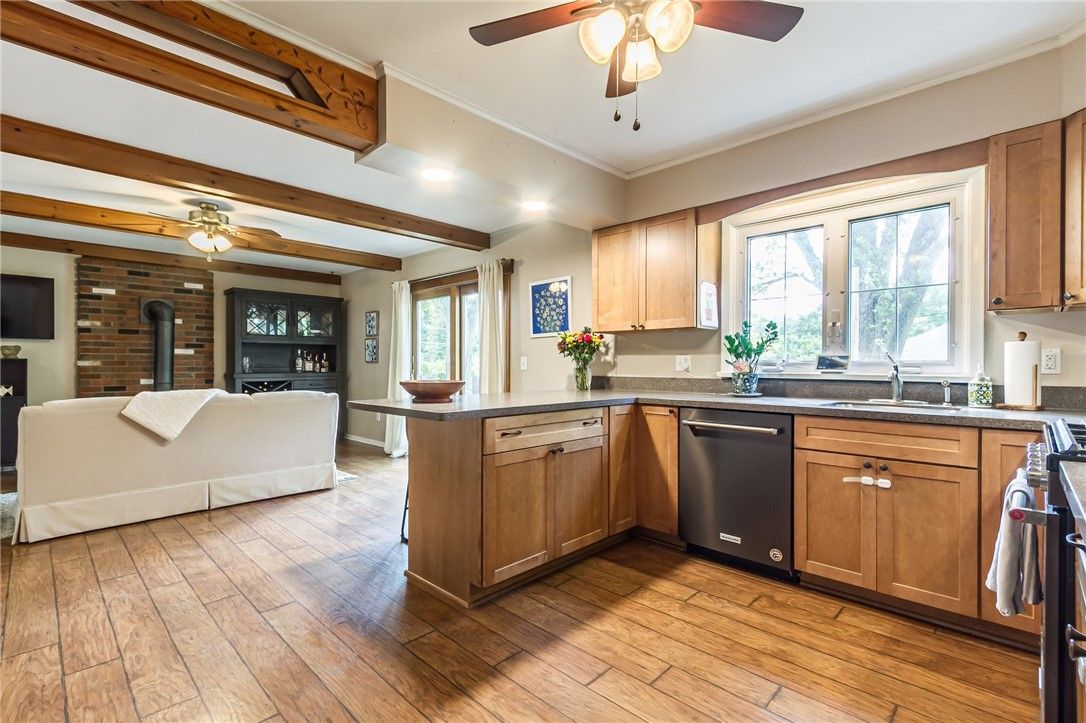 Fireplace, Interior, Kitchen, Living room, Recessed Lighting, Stone Walls, Wooden Beams, Wood Texture Flooring