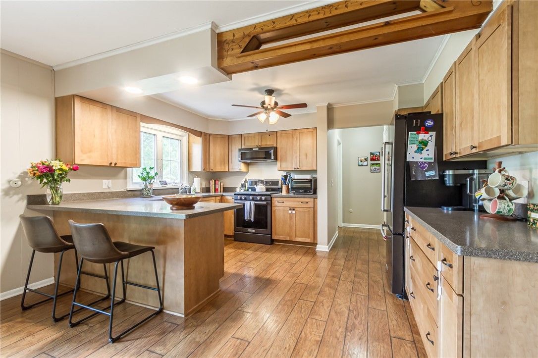 Interior, Kitchen, Recessed Lighting, Wooden Beams, Wood Texture Flooring